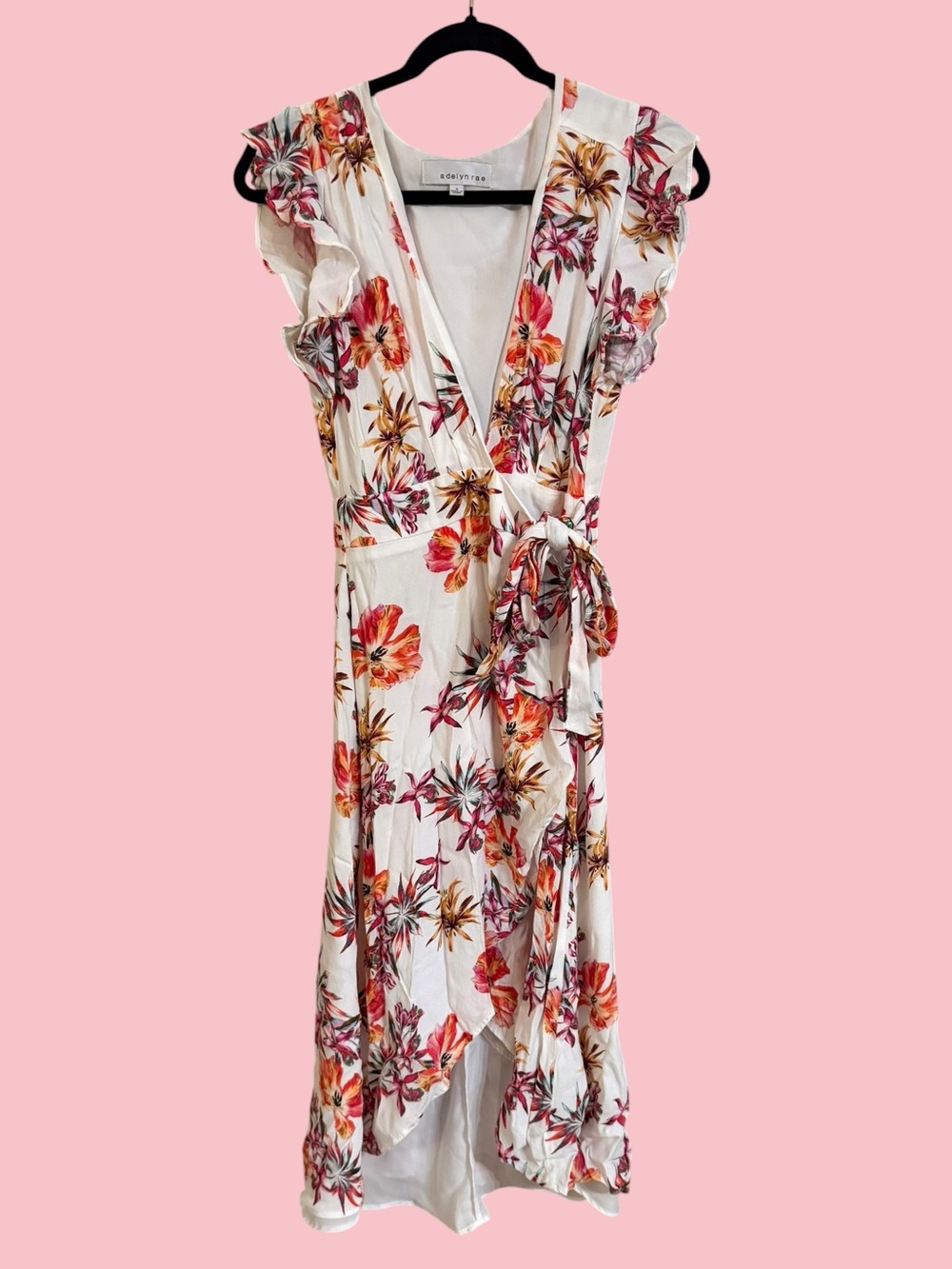 Adelyn Rae Floral Faux Wrap Midi Dress Size Small | Flutter Sleeve | Ivory Multi